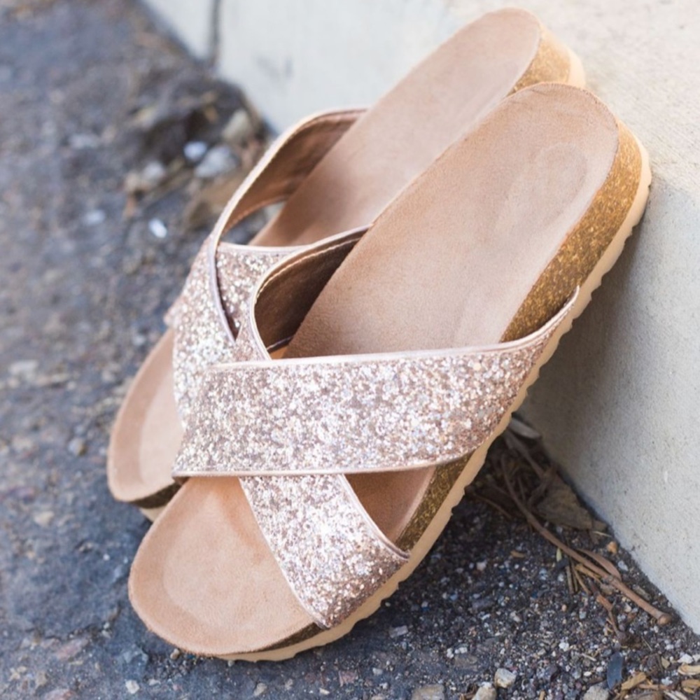 Rose Gold Glitter Cork Platform Slides Sandals - Picture 2 of 6